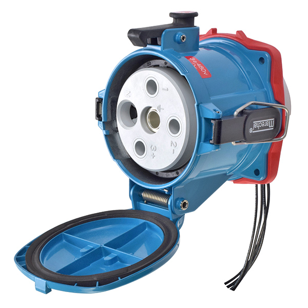 37-24043-174-180 - DS200 RECEPTACLE METAL BLUE SIZE 6 TYPE 3R 3P+G 200A 480 VAC 60 Hz +4 AUX 180 DEGREE OPENING LID